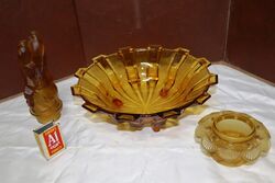 Art Deco 3Piece frosted amber glass Float Bowl set