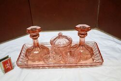 Art Deco 6 piece Pink Glass Trinket Set 