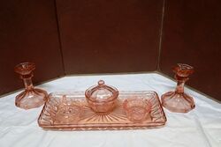 Art Deco 6 piece Pink Glass Trinket Set 
