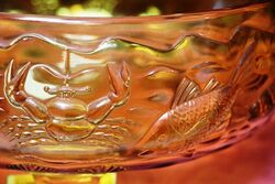 Art Deco Amber Glass Embossed Fish and Crab Bowl 