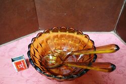 Art Deco Amber Glass Salad Bowl and Servers 