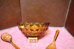 Art Deco Amber Glass Salad Bowl and Servers 