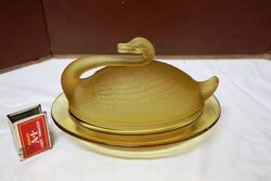 Art Deco Amber Part Frosted Sowerby Glass Swan Butter Dish. #