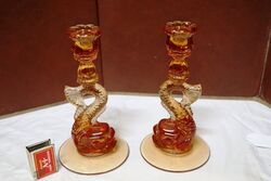 Art Deco Amberina Bearded Koi Glass Candlesticks.  #