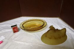 Art Deco Brockwitz Amber Glass Hen on Nest Butter Dish 