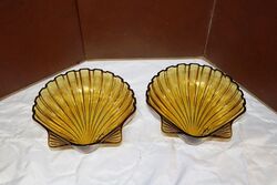 Art Deco Pair of Amber Glass Shell Bowls 