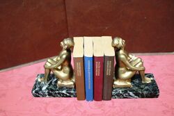 Art Deco Pair of Gilt Bronze Book Ends on Marble Bases 