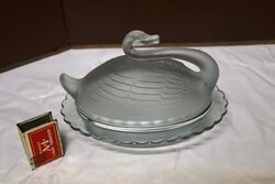Art Deco Part Frosted Sowerby Glass Swan Butter Dish.#