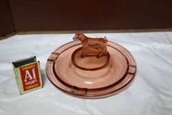 Art Deco Pink Depression Glass Terrier Figural Ashtray. #