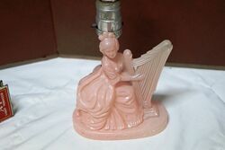 Art Deco Pink Glass Lady Playing Harp Boudoir Lamp 