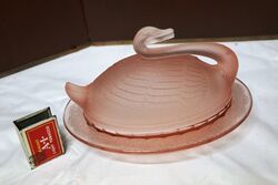 Art Deco Pink Part Frosted Sowerby Glass Swan Butter Dish. #
