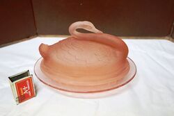 Art Deco Pink Part Frosted Sowerby Glass Swan Butter Dish. #