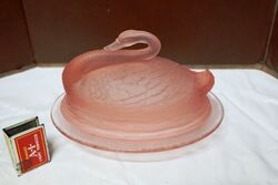 Art Deco Pink Part Frosted Sowerby Glass Swan Butter Dish #