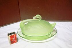 Art Deco Sowerby Uranium Glass Swan Butter Dish 