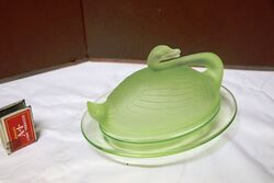 Art Deco Sowerby Uranium Glass Swan Butter Dish 