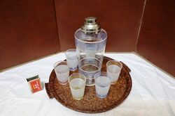 Art Deco Tray with Cocktail Shaker and 6 Beakers 