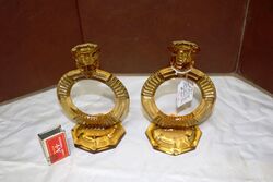 Art Deco pair of amber glass Libochoviche candlesticks. #