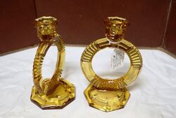 Art Deco pair of amber glass Libochoviche candlesticks 