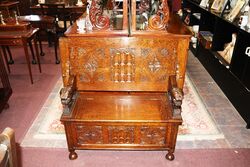 Early C20th English Carved Oak Monks Bench 