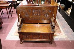 Early C20th English Carved Oak Monks Bench 