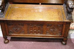Early C20th English Carved Oak Monks Bench 