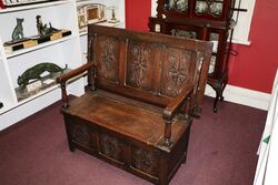 Early C20th English Carved Oak Monks Bench 