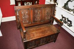 Early C20th English Carved Oak Monks Bench 