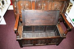Early C20th English Carved Oak Monks Bench 