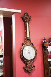 Large Antique Decorative Carved Walnut Mercury Barometer. # 