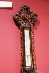 Large Antique Decorative Carved Walnut Mercury Barometer  