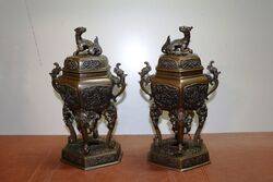Pair of Early C20th Chinese Bronze Censers #