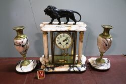 Quality Antique French 4 glass 4 column marble and brass 3 piece clock set, #