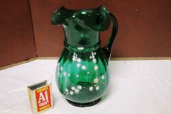 Victorian Green Glass Jug with White Enamel Flowers. #