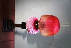 Victorian Oil Lamp, Pink Milk Glass Font With Ruby Shade. #