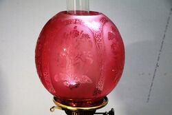 Victorian Oil Lamp Ruby Font and Ruby Etched Shade 