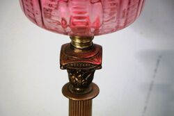 Victorian Oil Lamp Ruby Font and Ruby Etched Shade 