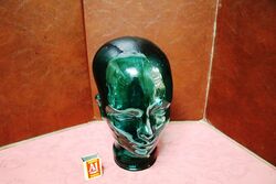 Vintage 60s 70s Dark Green GLASS Mannequin Head Hat Wig Stand Display 28cm H