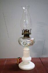 Vintage All Glass Oil Lamp with Clear Font & Milk Glass Base. #