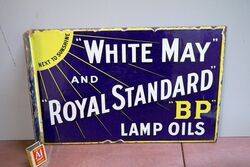 Vintage BP White May Lamp Oils Double Sided Enamel Sign # Vintage BP White May Lamp Oils Double Sided Enamel Sign #