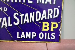 Vintage BP White May and Royal Standard Lamp Oils Double Sided Enamel Sign 