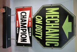 Vintage Champion Mechanic on Duty Double Standing Tin Sign  