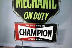Vintage Champion Mechanic on Duty Double Standing Tin Sign  