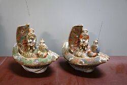  Satsuma Japanese Porcelain Boat with 2 Sailors 