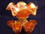 carnival glass amethystmarigold punch bowl + 6 cups